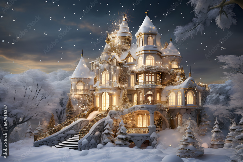 A luxurious house, adorned with dazzling Christmas fairy lights, stands amidst pine trees and other trees on a magical Christmas night. A luxurious house, adorned with dazzling Christmas fairy lights, stands amidst pine trees and other trees on a magical Christmas night.