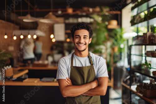 Handsome young caucasian male coffee shop owner standing behind counter and smiling, successful business owner in his coffee shop
