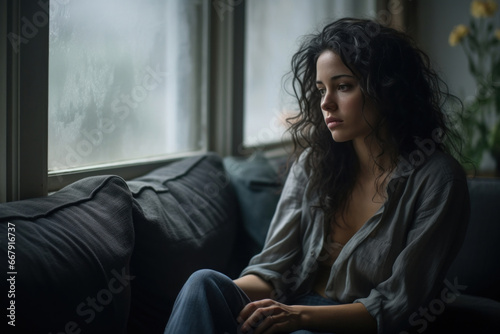 A melancholic woman sits on the sofa, gazing out the window, lost in her thoughts