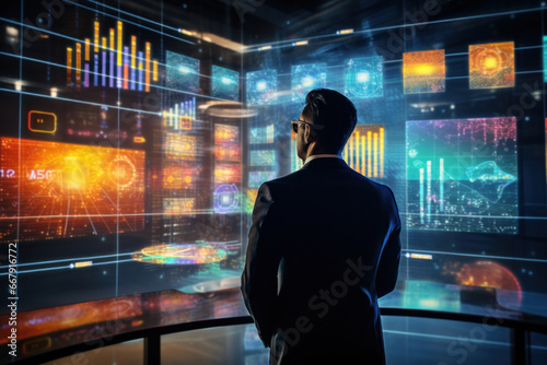 In an office of the future, a businessman studies holographic charts, predicting market trends