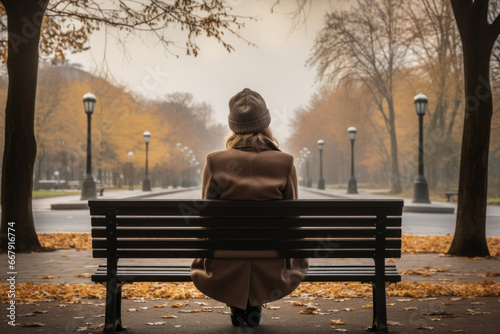 In the midst of nature's embrace, a woman sits on a park bench, her silhouette painting a poignant picture of female despondency and quiet contemplation