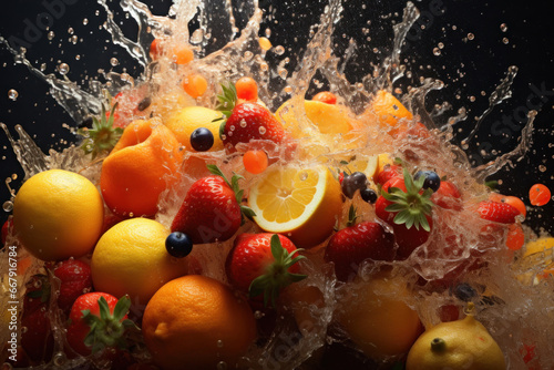 A burst of colors: strawberries, kiwi, and oranges explode against a black canvas, capturing the essence of fruit explosion