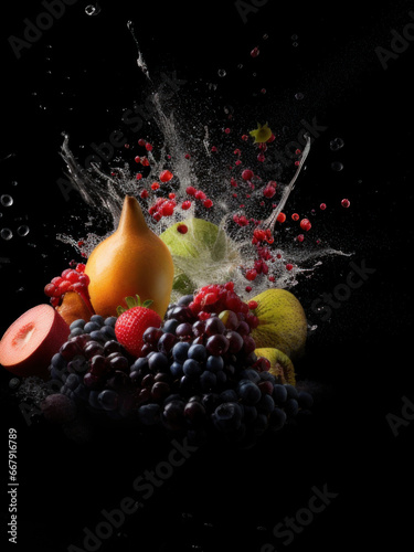 Explosive freshness: strawberries, kiwi, and oranges erupt dramatically against a dark background, evoking the sensation of a fruit explosion