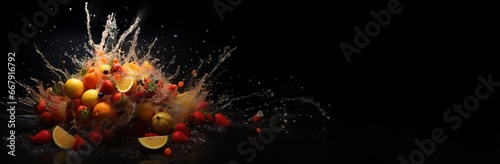 Explosion of taste - various fruits fresh water and freshness on a black background .banner  space for text