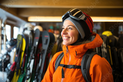 Skiing Enthusiast's Delight: In a ski gear store, a woman with a bright smile contemplates her options, her anticipation of skiing adventures evident photo