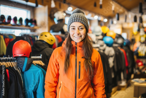 Anticipating Snowy Adventures: A woman grins with anticipation in a ski equipment store, imagining the snowy slopes she'll conquer with her chosen gear