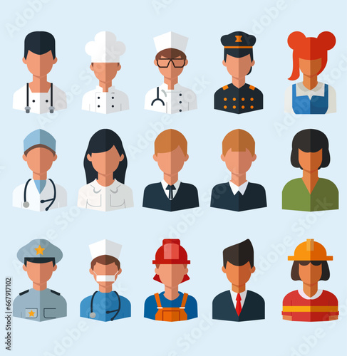 Iconos de personas trabajando, policias, doctores, hombres, mujeres, bombero, medico, enfermera,. 
Vectores de personas con diferentes oficios y profeciones. 