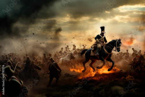 The Napoleonic Clash: French and Prussian Forces Engage in Historic Warfare with Gallant Cavalry - A Glimpse into the Epic Battle of Two Mighty Armies.

 photo