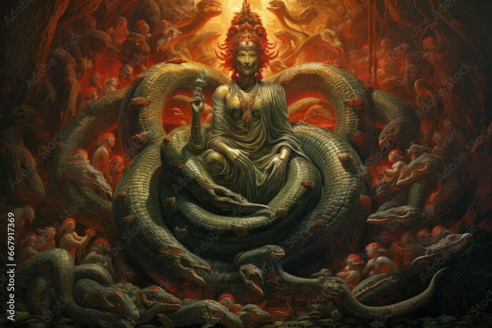 Serpentine naga, possessing both human and snake-like features, with vast wisdom - Generative AI