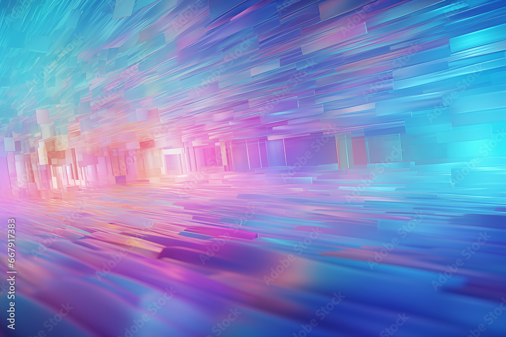 Abstract fractal geometric wavy background in blue, pink, purple. Holographic rainbow technology backdrop. Vibrant, dynamic 3d render chrome wave effect for space disco party. 