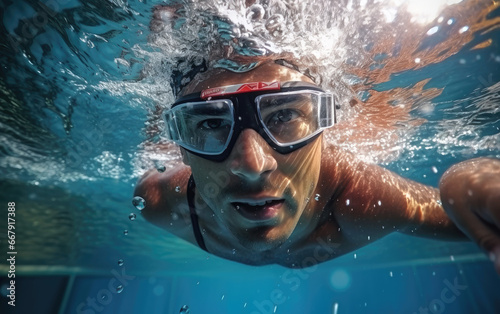 A professional athlete in swimming goggles and cap is swimming underwater in the pool