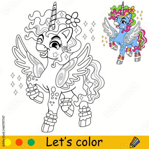Cartoon cute unicorn with wings kids coloring book page