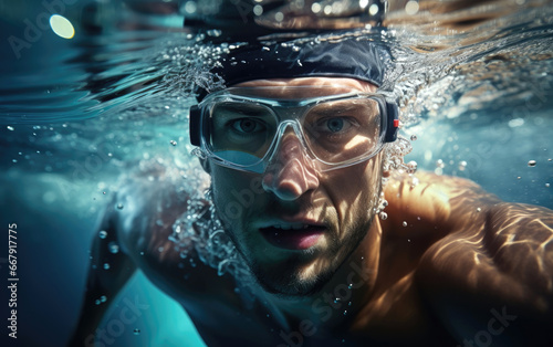 A professional athlete in swimming goggles and cap is swimming underwater in the pool © piai