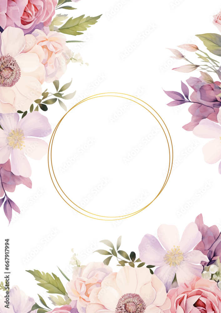 Pink and purple violet vector frame with foliage pattern background with flora and flower
