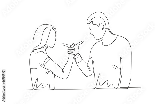 A husband and wife quarreled pointing at each other. Relationship problem one-line drawing