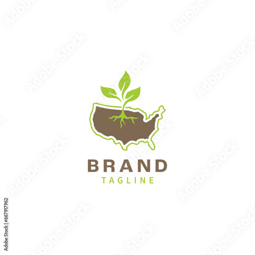 Organic ecologic brand plant growing on american map Logo Design Symbol Template Flat Style Vector Illustration