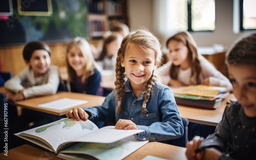 A group of school children studying in the classroom