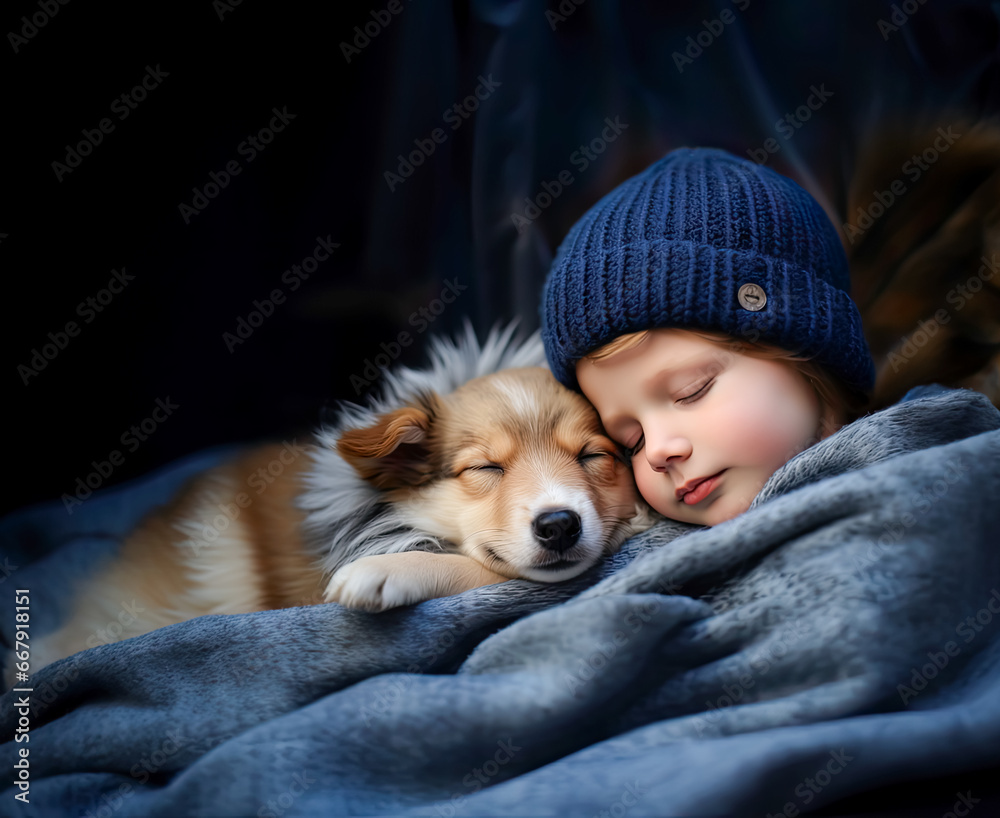 Portrait of a little boy wrapped in a blanket sleeping next to his dog Portrait of a little boy wrapped in a blanket sleeping next to his dog