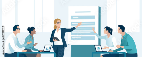 Presentation, education, learning business illustration. The business team listens to the teacher. 