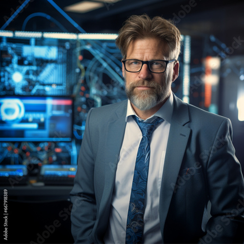 photo of 50 years old it specialist in the office. Technology 