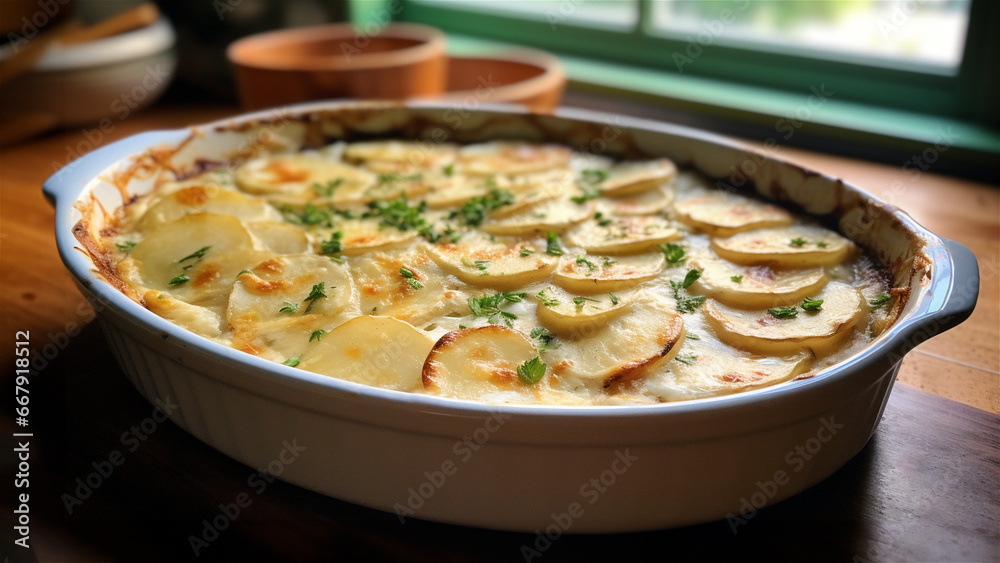 A pan of fresh baked homemade scalloped potatoes cooling by a window sill.
