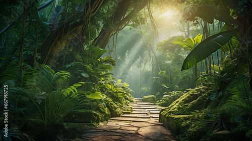 A deep green forest of trees and lush overgrowth with a stone path lit by a rising sun. © Daniel L