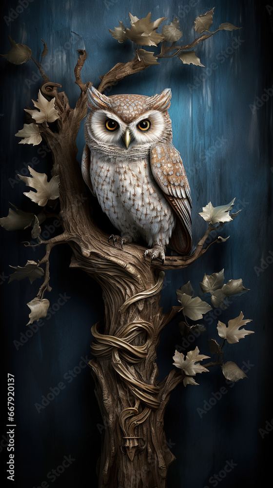 Elegant and Wise Owl Perched Gracefully on a Branch, Radiating Timeless Wisdom and Illuminating the Secrets of the Night with its Piercing Gaze and Serene Presence