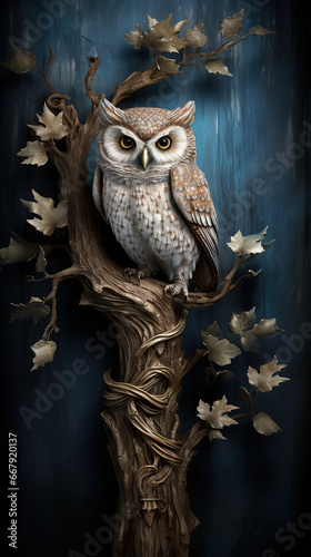 Elegant and Wise Owl Perched Gracefully on a Branch, Radiating Timeless Wisdom and Illuminating the Secrets of the Night with its Piercing Gaze and Serene Presence © Magenta Dream
