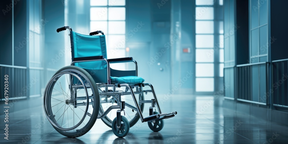 An empty wheelchair in the hospital. Space for copy