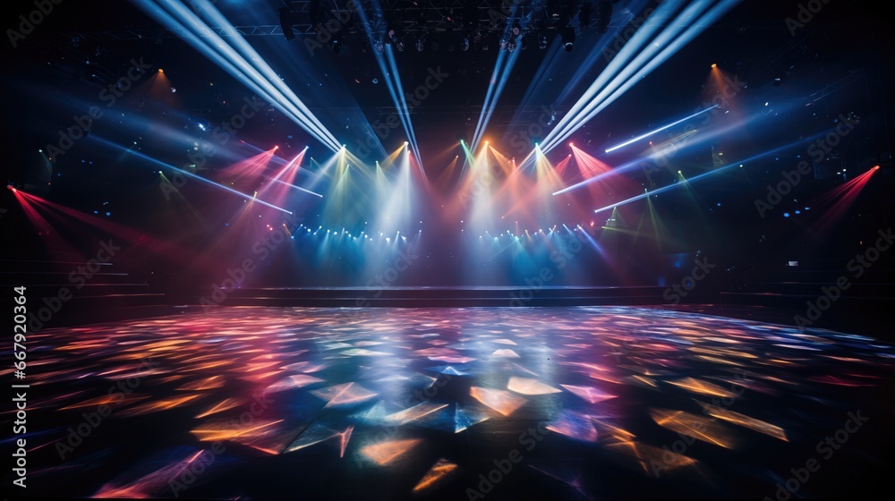 Bright, colorful spotlights casting vibrant hues on the stage floor. Radiant beams of light intertwining in the performance space. - obrazy, fototapety, plakaty 