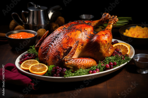 Homemade roasted Thanksgiving Day turkey with with greens, berries and vegetables, ai generated