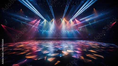 Bright, colorful spotlights casting vibrant hues on the stage floor. Radiant beams of light intertwining in the performance space.