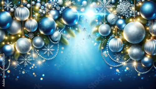 Blue christmas ornaments background with silver balls and snowflakes.Generative ai.
