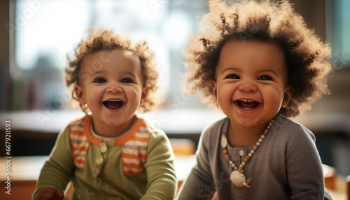 African American and Caucasian babies bonding in daycare generative ai