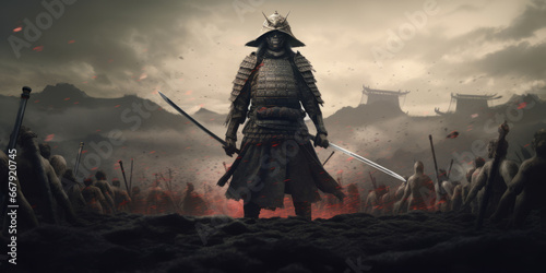 A samurai with a katana stands ready to fight against a huge army,generative ai