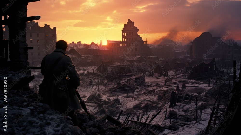 Desolation in the Heart of Frozen Stalingrad: A War Film Still Depicts Soviet Soldiers' Heroic Advance Through the Brutal Winter of 1942, Amidst a Devastated Cityscape. - obrazy, fototapety, plakaty 