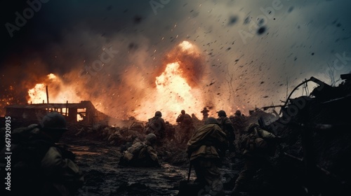 The Fury of Battle: A Glimpse of World War I Soldiers in a Chaotic Scene of Smoke, Rain, Explosions, and Fire Amidst Utter Destruction, Illustrating the Harsh Realities of Wartime.