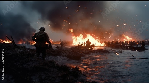 The Fury of Battle: A Glimpse of World War I Soldiers in a Chaotic Scene of Smoke, Rain, Explosions, and Fire Amidst Utter Destruction, Illustrating the Harsh Realities of Wartime.