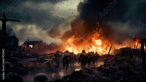 The Fury of Battle  A Glimpse of World War I Soldiers in a Chaotic Scene of Smoke  Rain  Explosions  and Fire Amidst Utter Destruction  Illustrating the Harsh Realities of Wartime.  