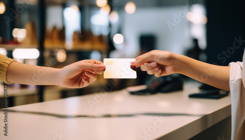 Hand handing golden credit card to cashier in bright store.generative ai