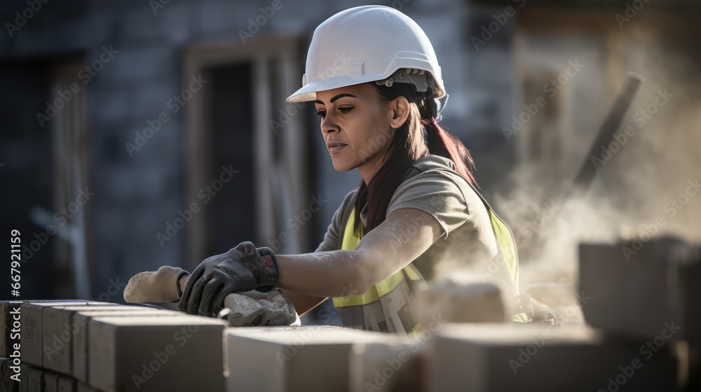 Cropped picture of a housebuilder using hammer for brick shaping on a building area. Cropped picture of a housebuilder using hammer for brick shaping on a building area.