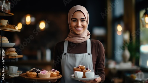 Portrait of a beautiful Muslim female barista serving coffee and cake on a tray, smiling, The background is sorted on the copy space. photo