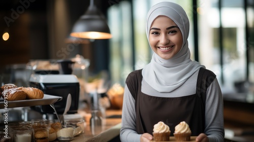 Portrait of a beautiful Muslim female barista serving coffee and cake on a tray  smiling  The background is sorted on the copy space.
