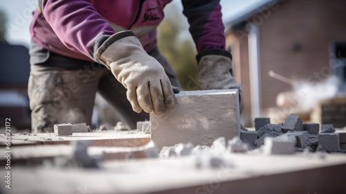 Cropped picture of a housebuilder using hammer for brick shaping on a building area.