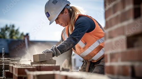 Cropped picture of a housebuilder using hammer for brick shaping on a building area. photo