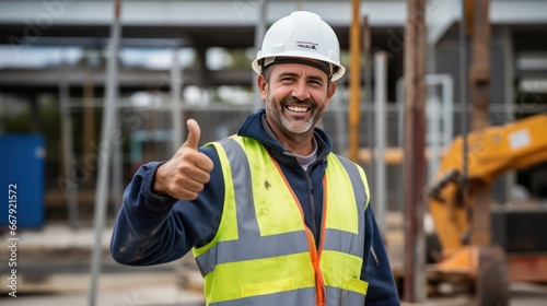 A Builder holds a steel bar on his shoulder and gives a thumbs up while standing on site and smiling at the camera.