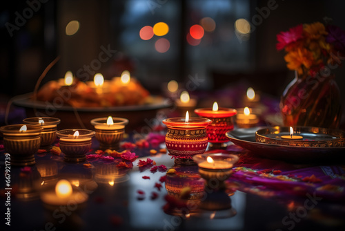 Diwali Festival - Burning Diya Lamps on a Decorated Table