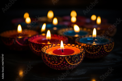 Diwali Festival - Burning Diya Lamps on a Decorated Table