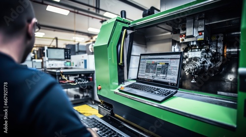 An Selective focus on CNC machine: Industrial worker inspects work in an industrial factory, controlling a CNC machine with a laptop.