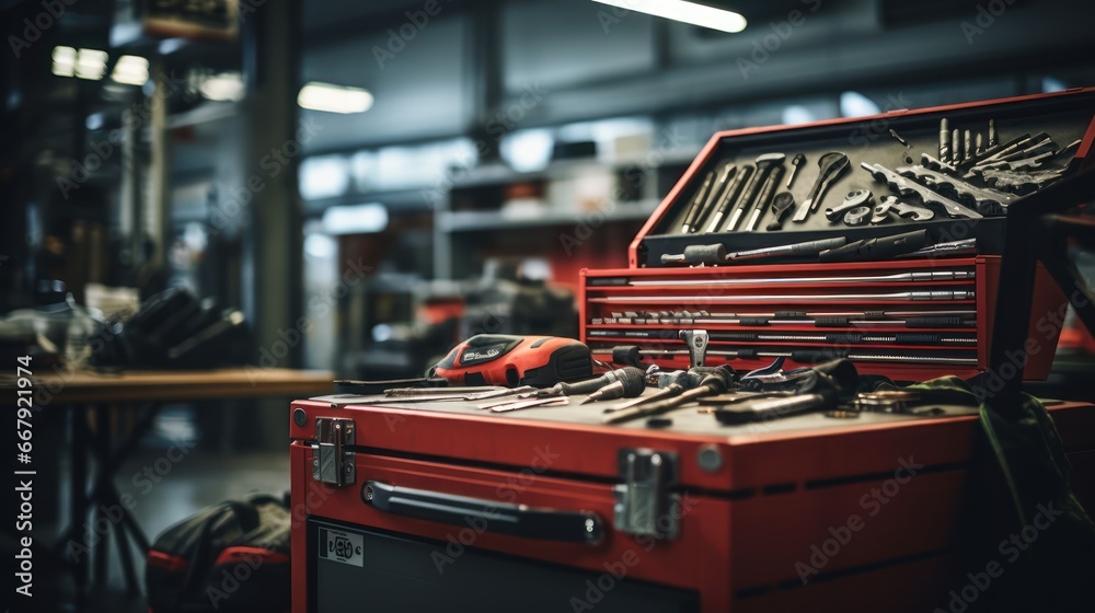 A Selective focus of mechanic's toolbox with tools in drawers, blurred background, auto mechanic in workshop. - obrazy, fototapety, plakaty 